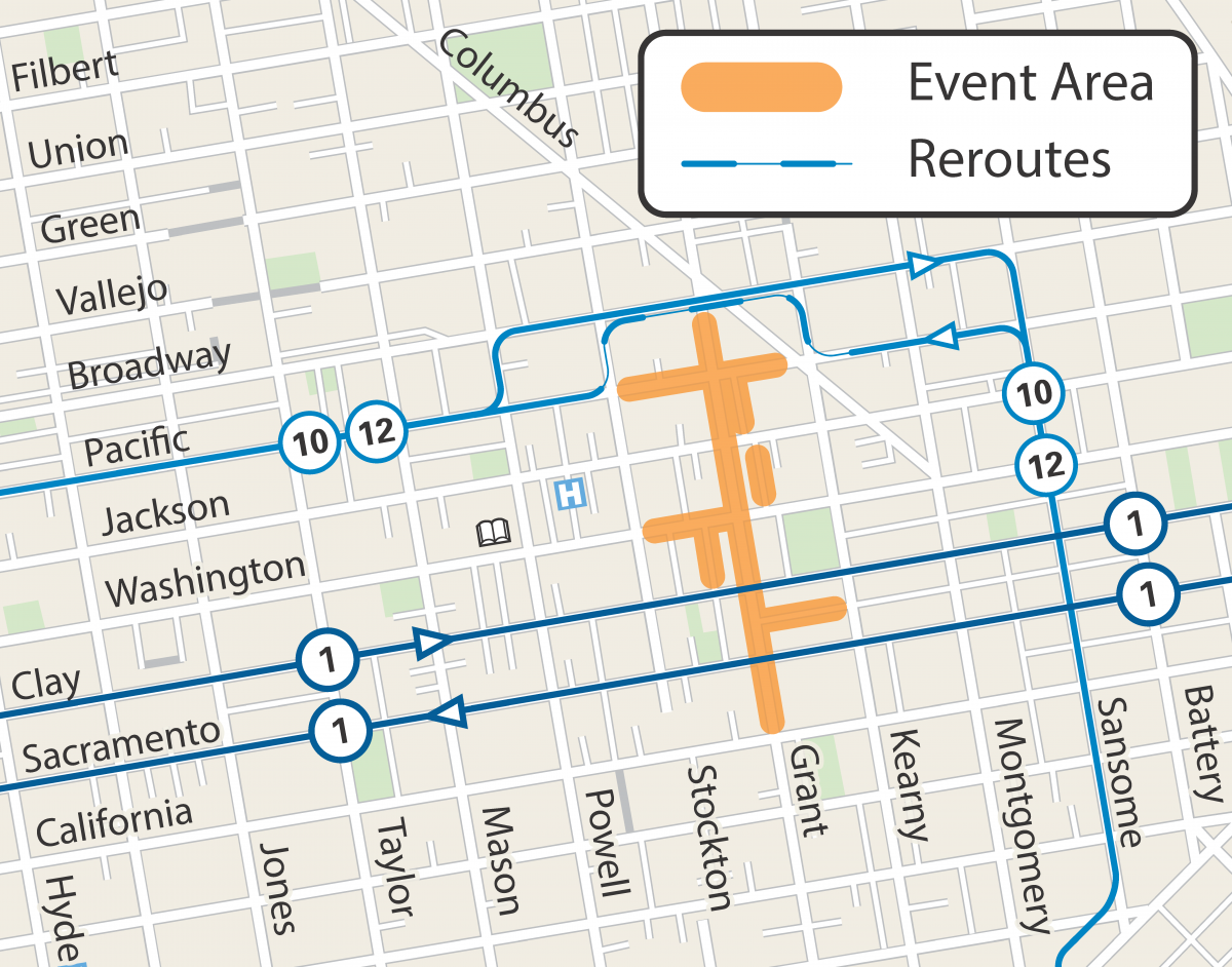 Map of street closures and Muni reroutes for the Chinatown Autumn Moon Festival.