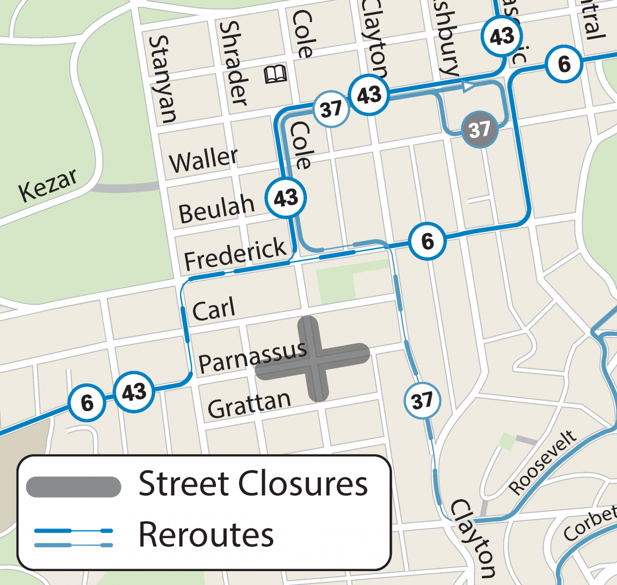 Map of street closures and Muni reroutes for the Cole Valley Street Fair