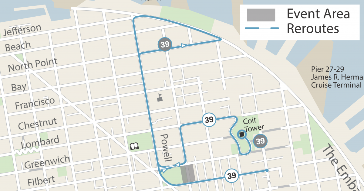 Map of street closure and Muni reroutes for the 39 Coit for Festa Coloniale Italiana
