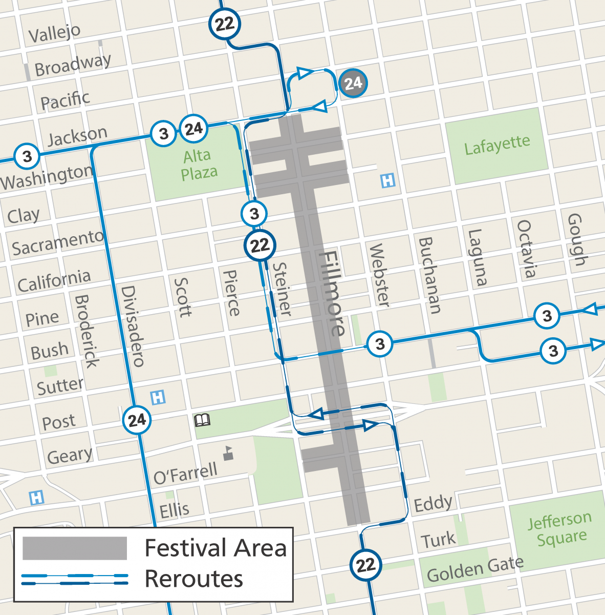 Map of Street Closures and Muni reroutes for the Fillmore Jazz Festival.