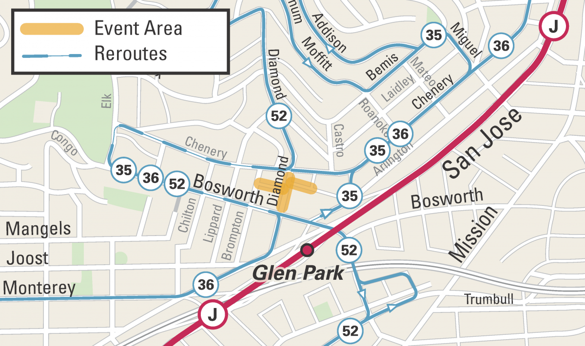 Map of Street Closures and Muni Reroutes for the Glen Park Festival