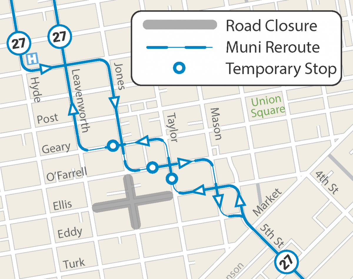 Map of street closures and Muni reroute for the GLIDE Church Holiday Grocery Giveaway