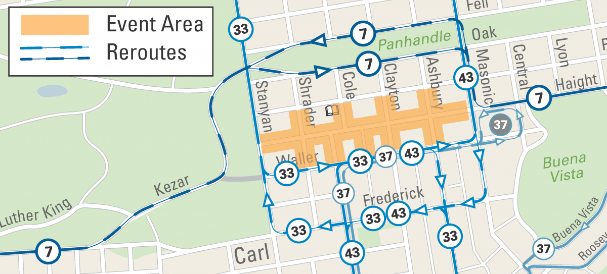 Map of street closures and Muni reroutes for the Haight Ashbury Street Fair.
