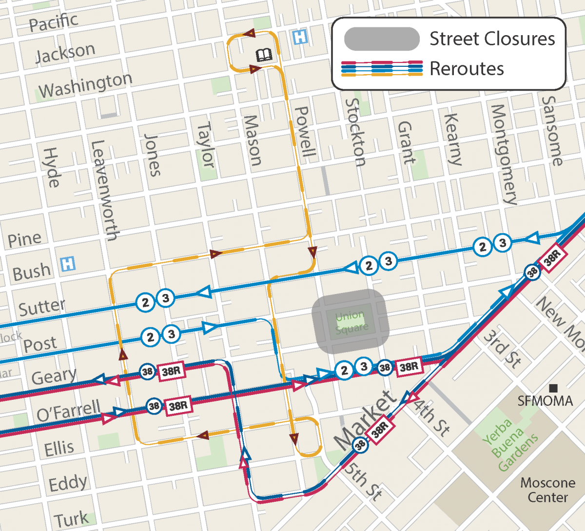 Map of street closures and Muni reroutes for the tree lighting event.