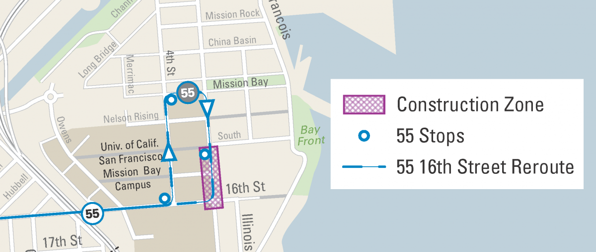 Map of construction zone and Muni reroute for the 55 16th Street in Mission Bay.