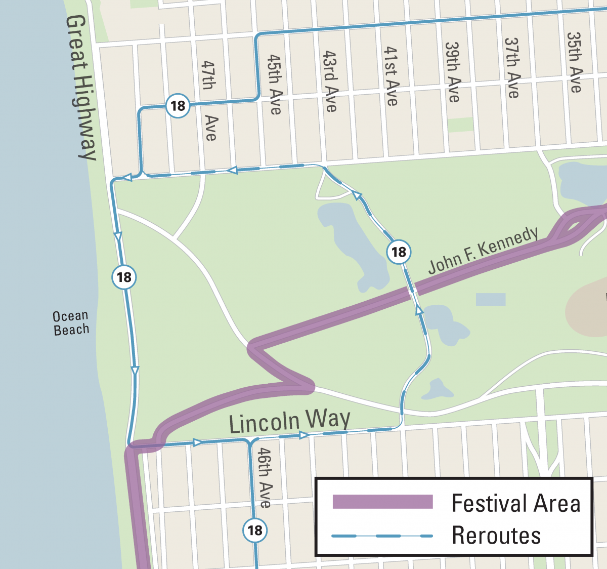 Muni reroute map for Sunday Streets Sunset/Golden Gate Park.