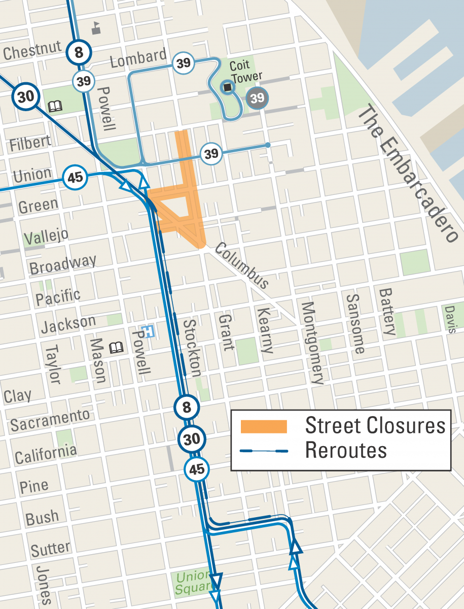 Map of street closures and Muni reroutes for the North Beach Festival