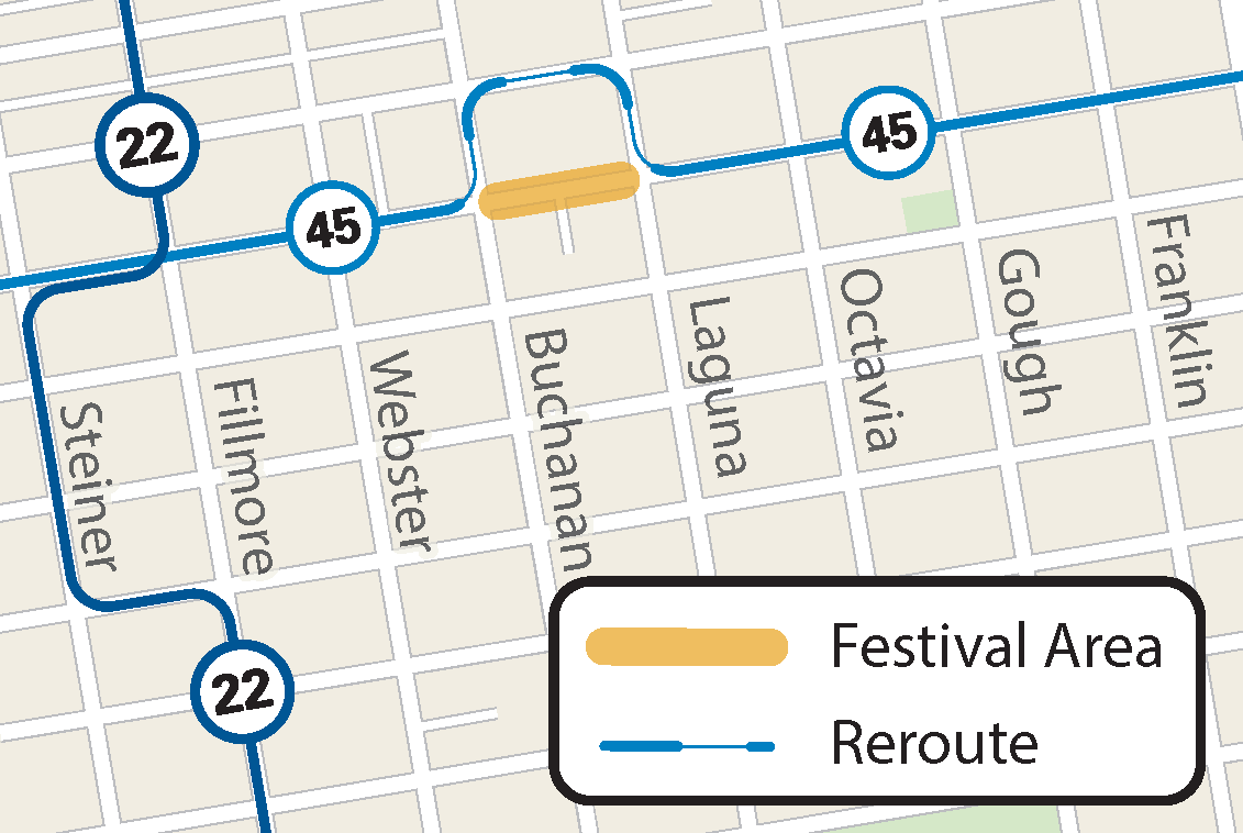 Map of street closure and Muni reroute for Perry's on Union block party.