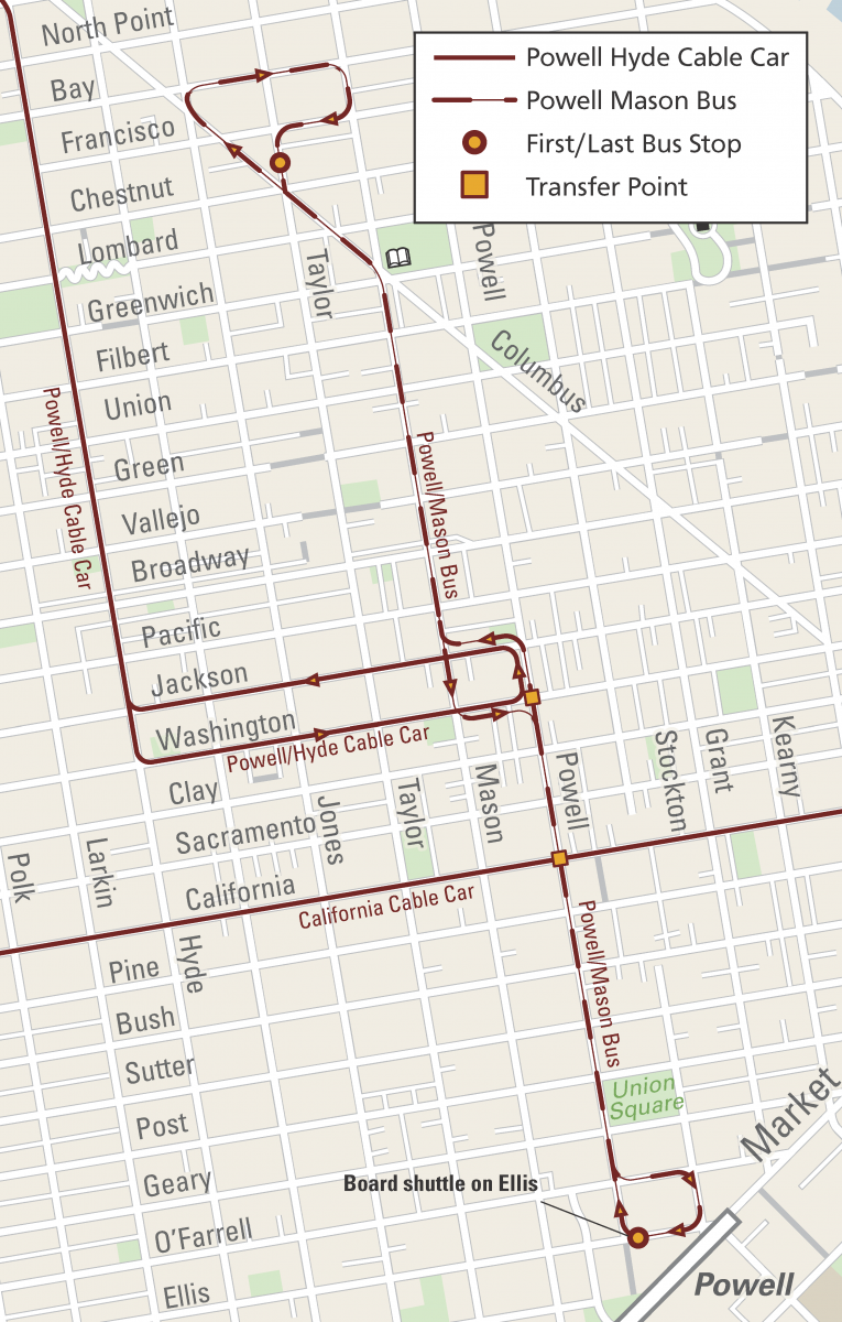 Map of Powell Mason Bus Substitution and Powell Hyde Cable Car Switchback