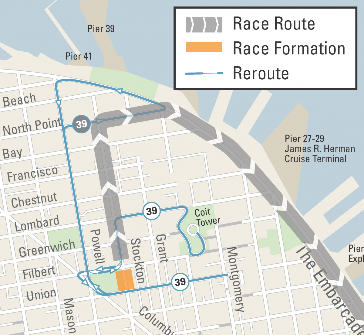Map of race formation area, route, and Muni reroutes. Formation on Stockton between Union and Filbert. Race continues north on Stockton, east on North Point, south on Embarcadero.