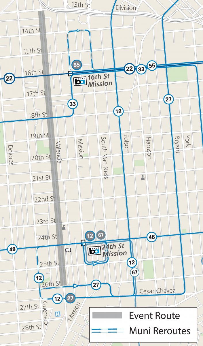 Map of Muni Reroutes for Sunday Street Mission District