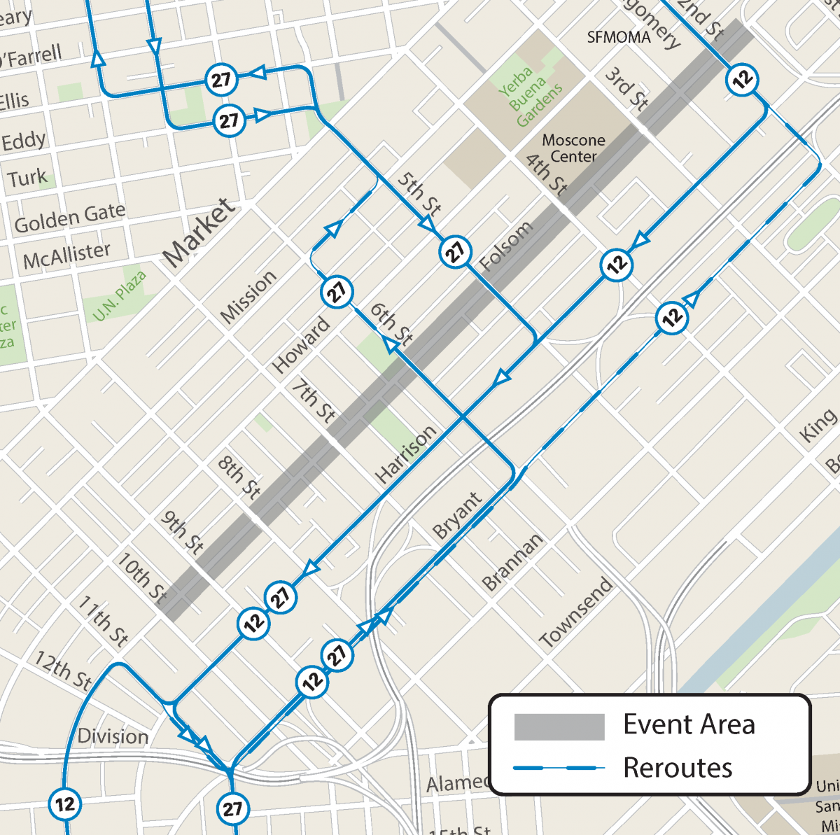Map of street closures and Muni reroutes for Sunday Streets SoMa.