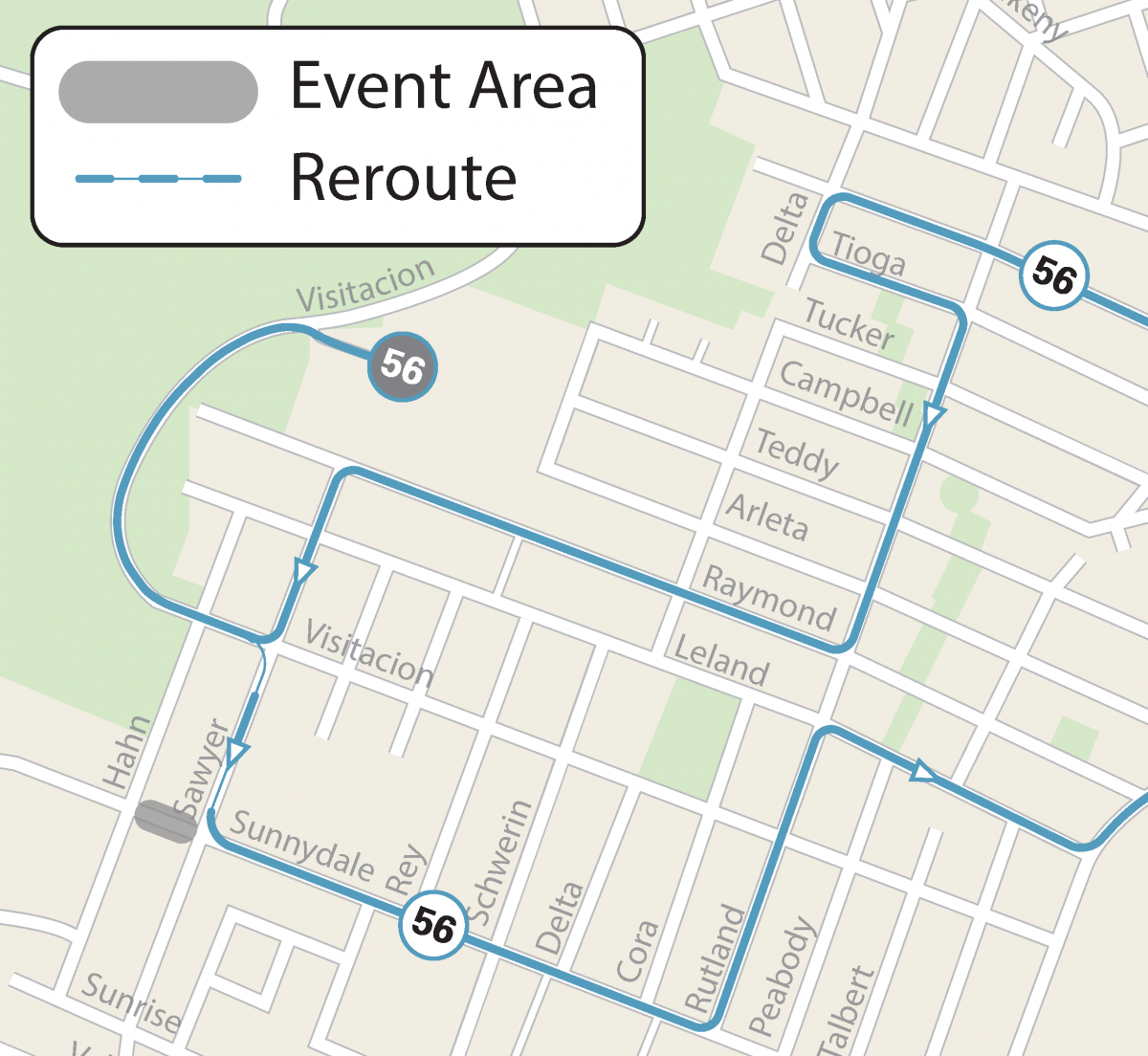 Map of street closure and Muni reroute in Visitacion Valley