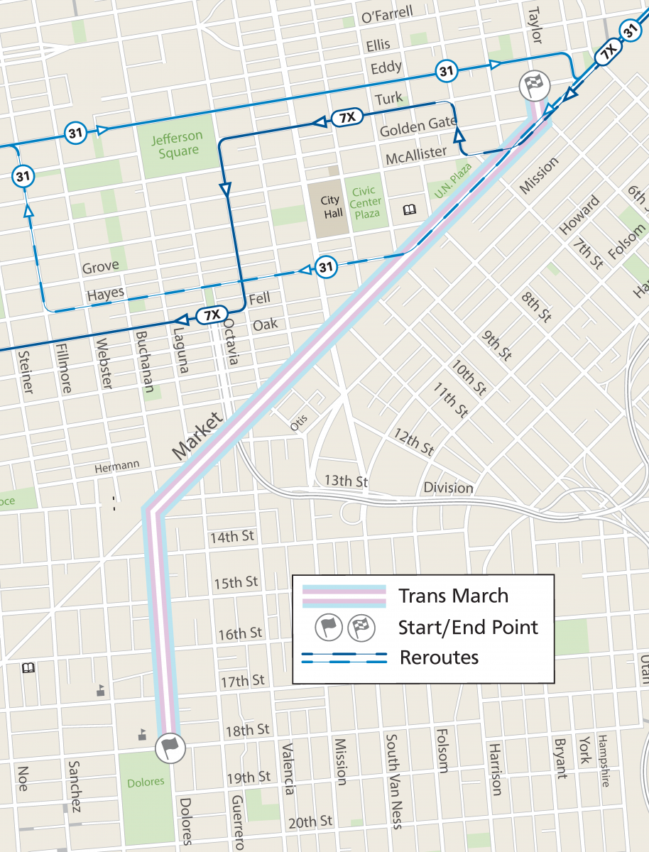 Map of Trans March and Muni Reroutes