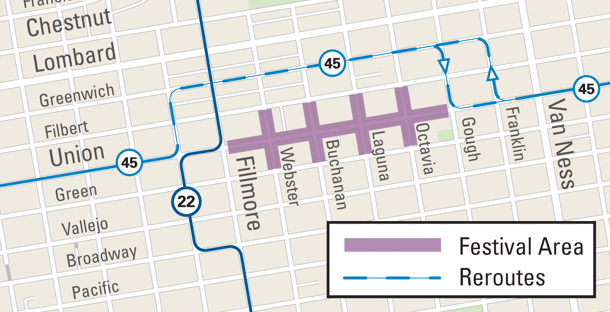 Map of street closures and Muni reroute for Union Street Festival
