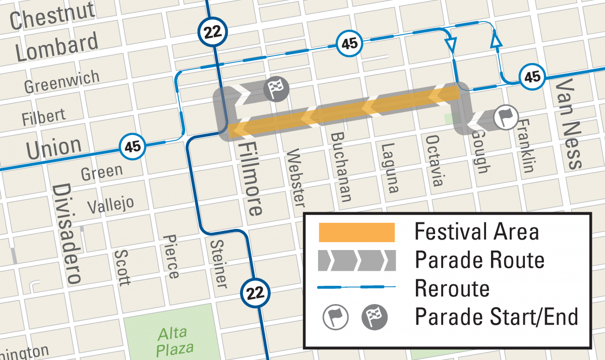 Map of Union Street Spring Celebration Events and Muni Reroutes