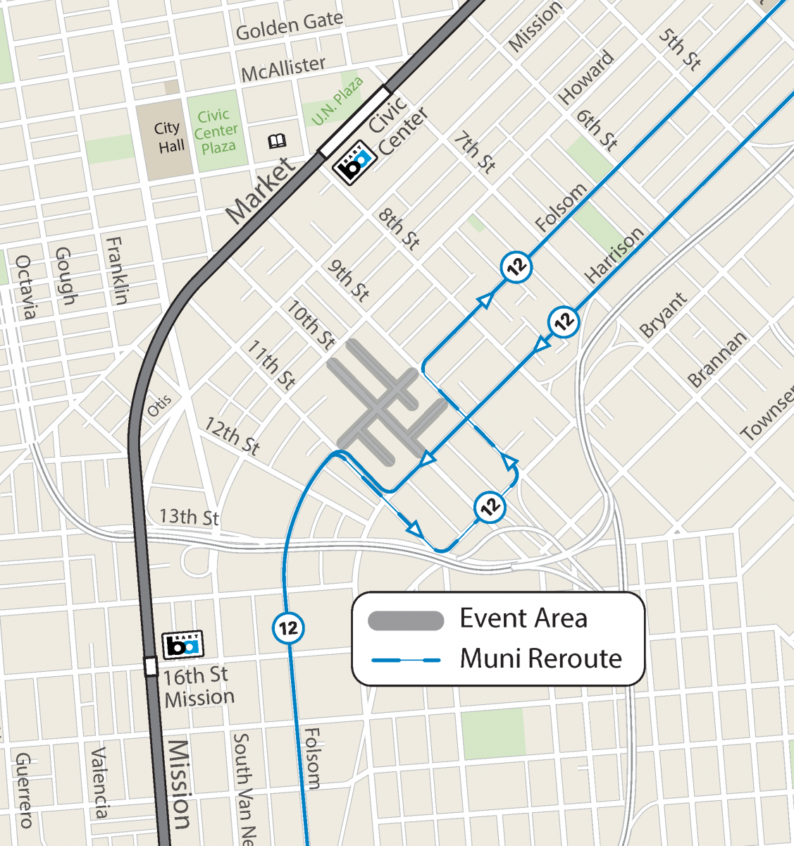 Muni reroute map for Up Your Alley