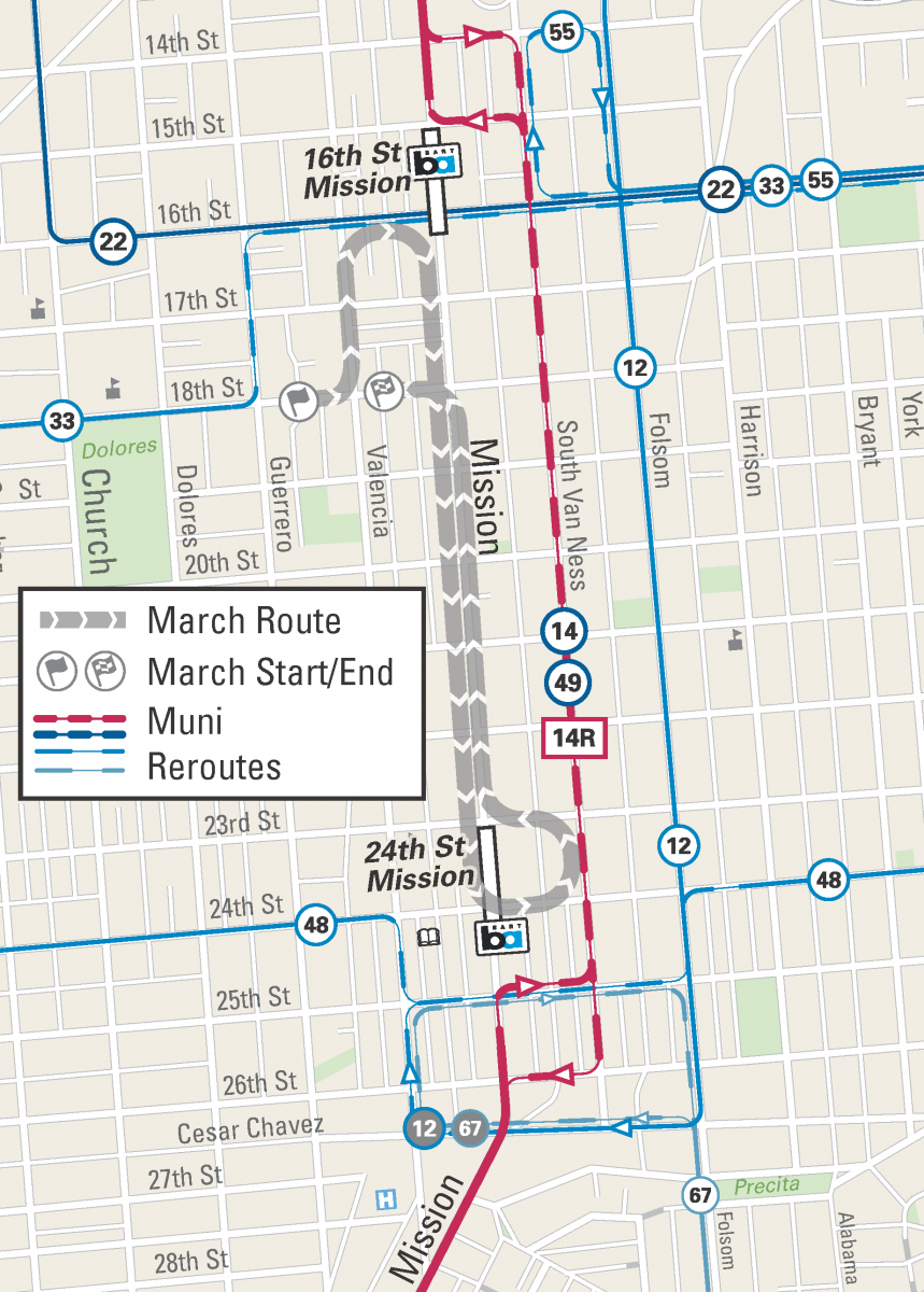 Map of march route and Muni reroutes for the Walk Against Rape 2019