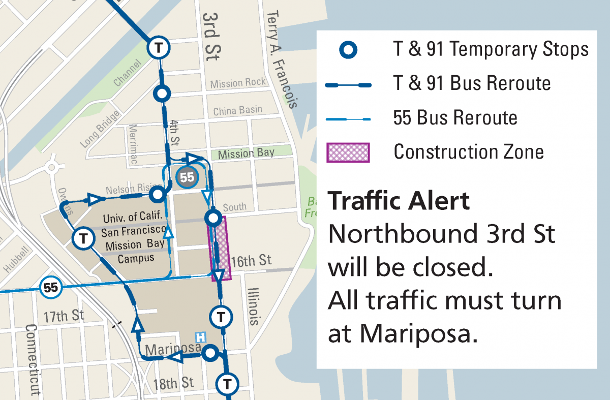 Map of construction zone, road closure and Muni reroute for the Mission Bay Platform construction.