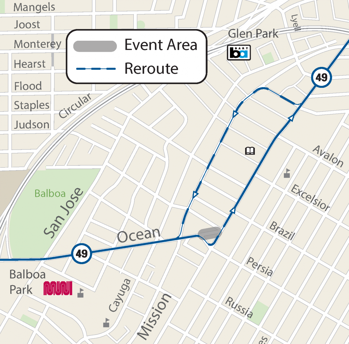 Map of street closures and Muni reroute for We Are The City Excelsior 2019