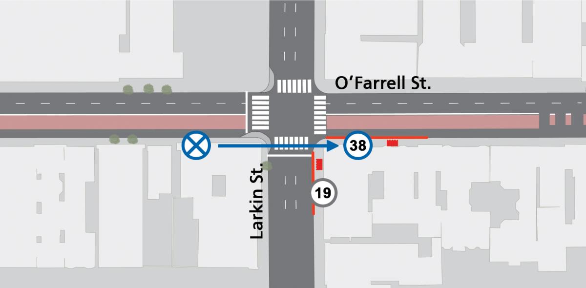 Image shows inbound 38 bus stop relocation at O'Farrell and Larkin streets. The stop will be permanently relocated to the east side of the intersection beginning October 25