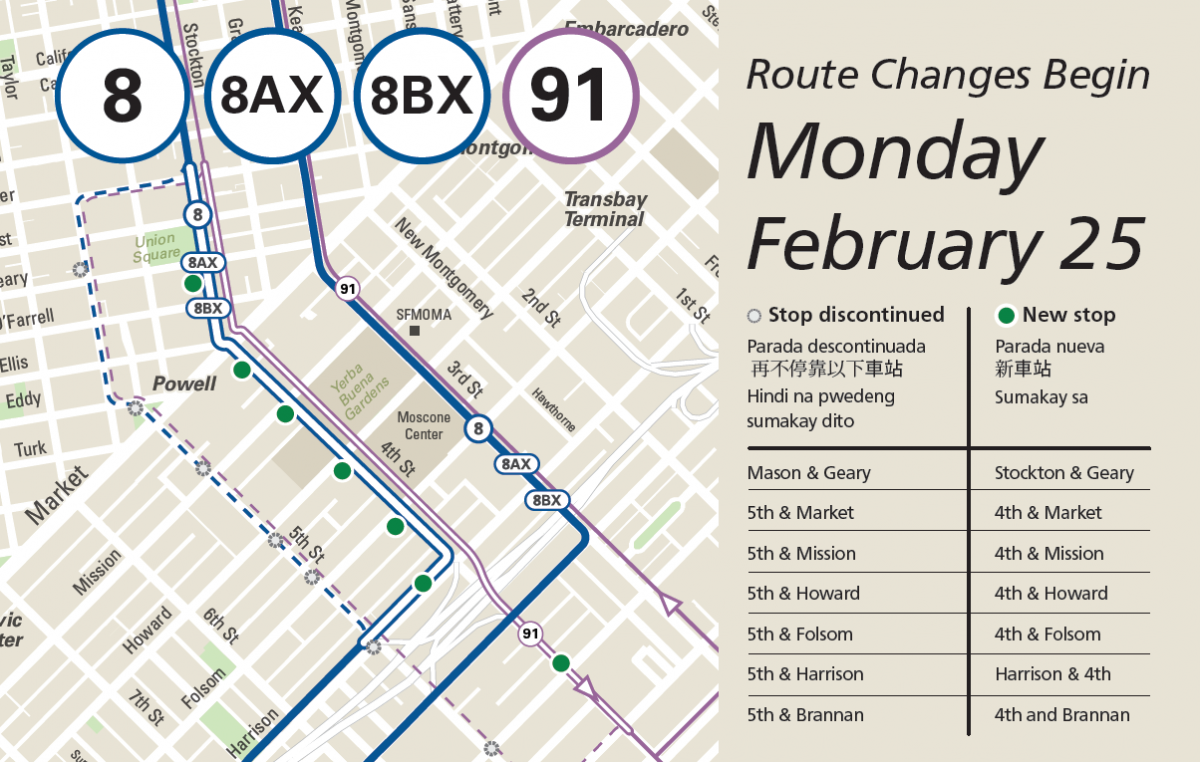 Map of changes to the 8 Bayshore and 91 OWL routes beginning on Monday, February 25.