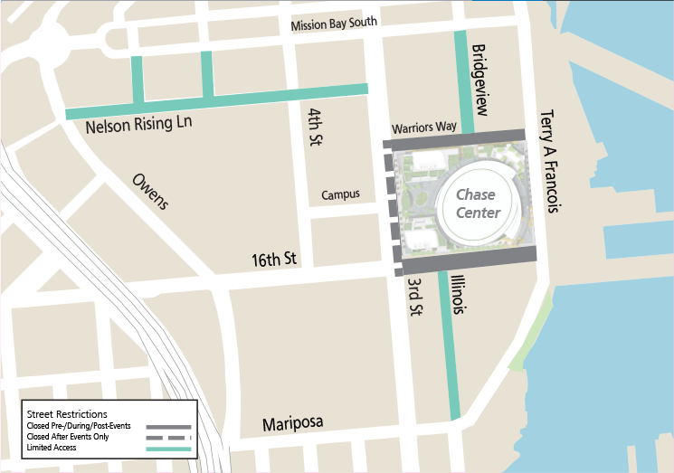 Map of Street Restrictions around Chase Center during an event