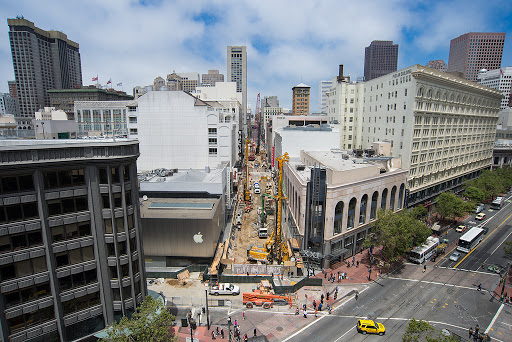 Lower Stockton Street looking north from Market Street during construction in 2014 