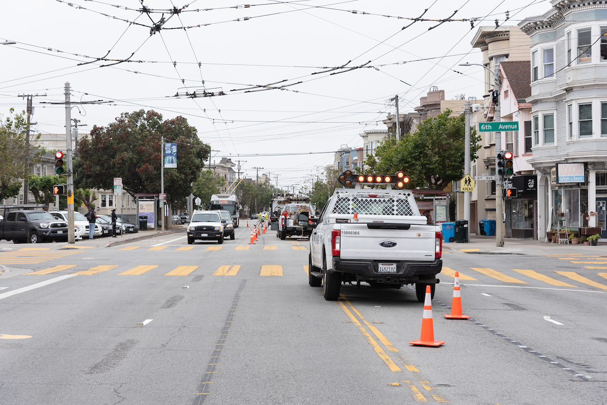 Construction crews working at California and 6th