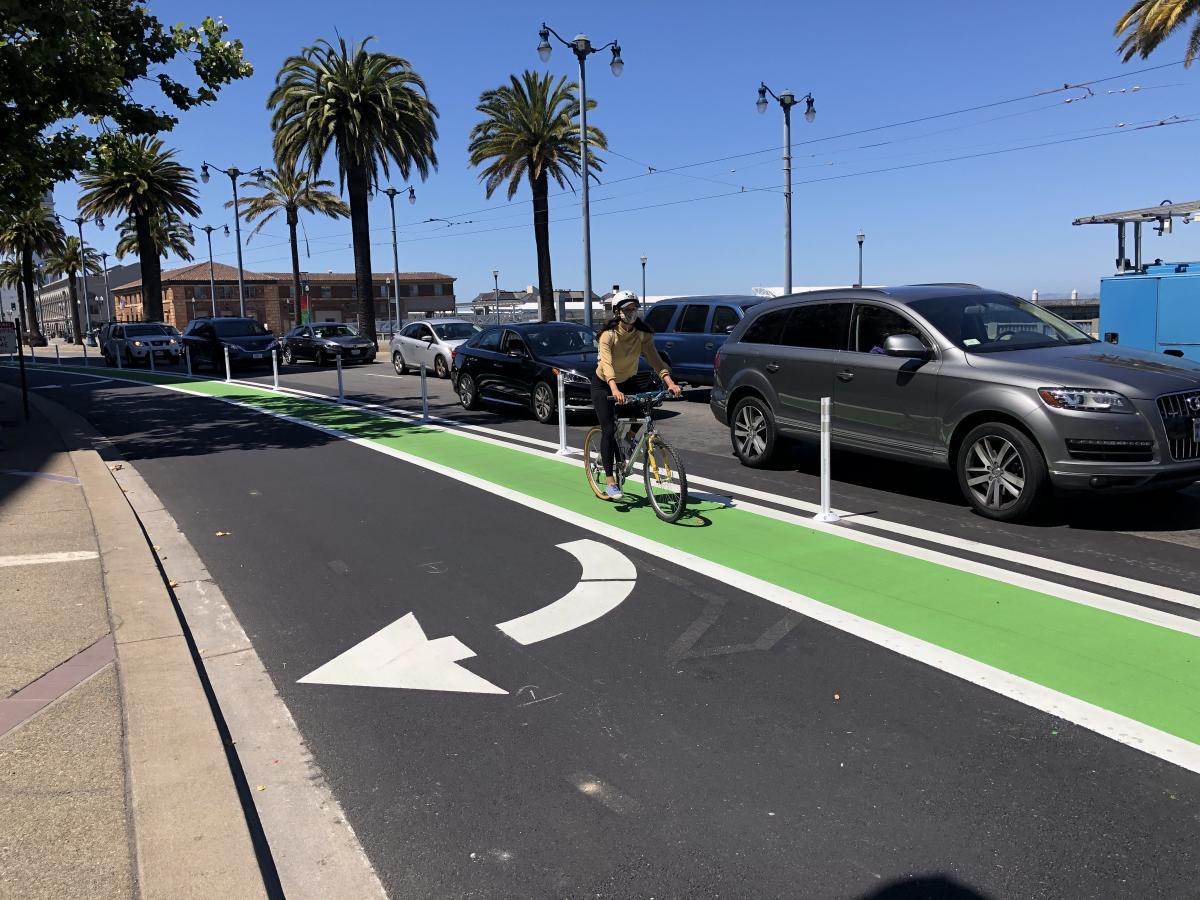 Southbound The Embarcadero between Mission and Howard streets after road was repaved and striping restored