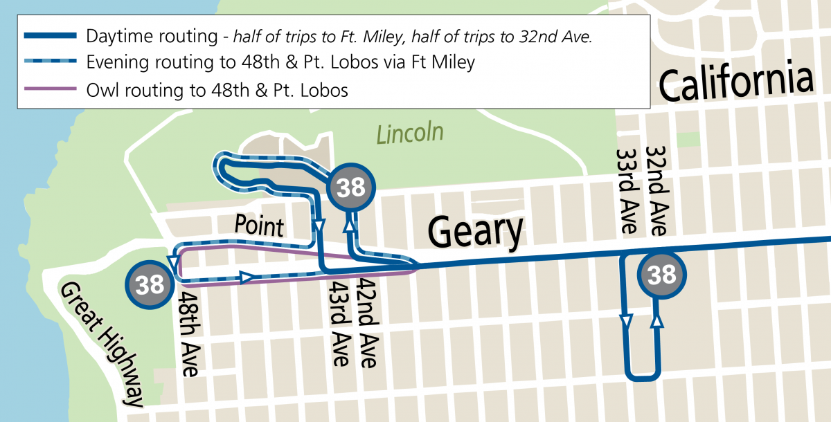 Map of western end of 38 Geary, showing the regular scheduled service