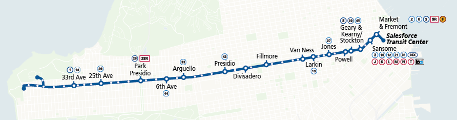 Diagram of 38 Geary service between the Salesforce Transit Center and Fort Miley and 48th Ave.