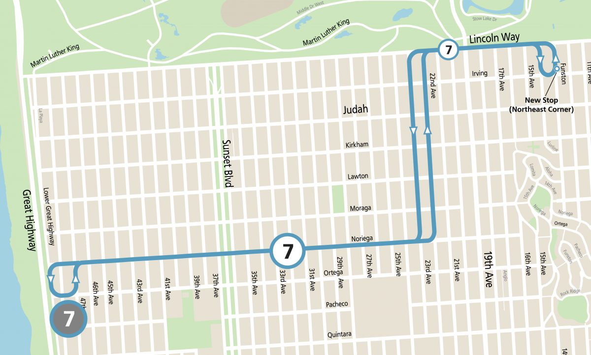 Map of 7 Noriega Community Shuttle service between the Inner Sunset and Ocean Beach