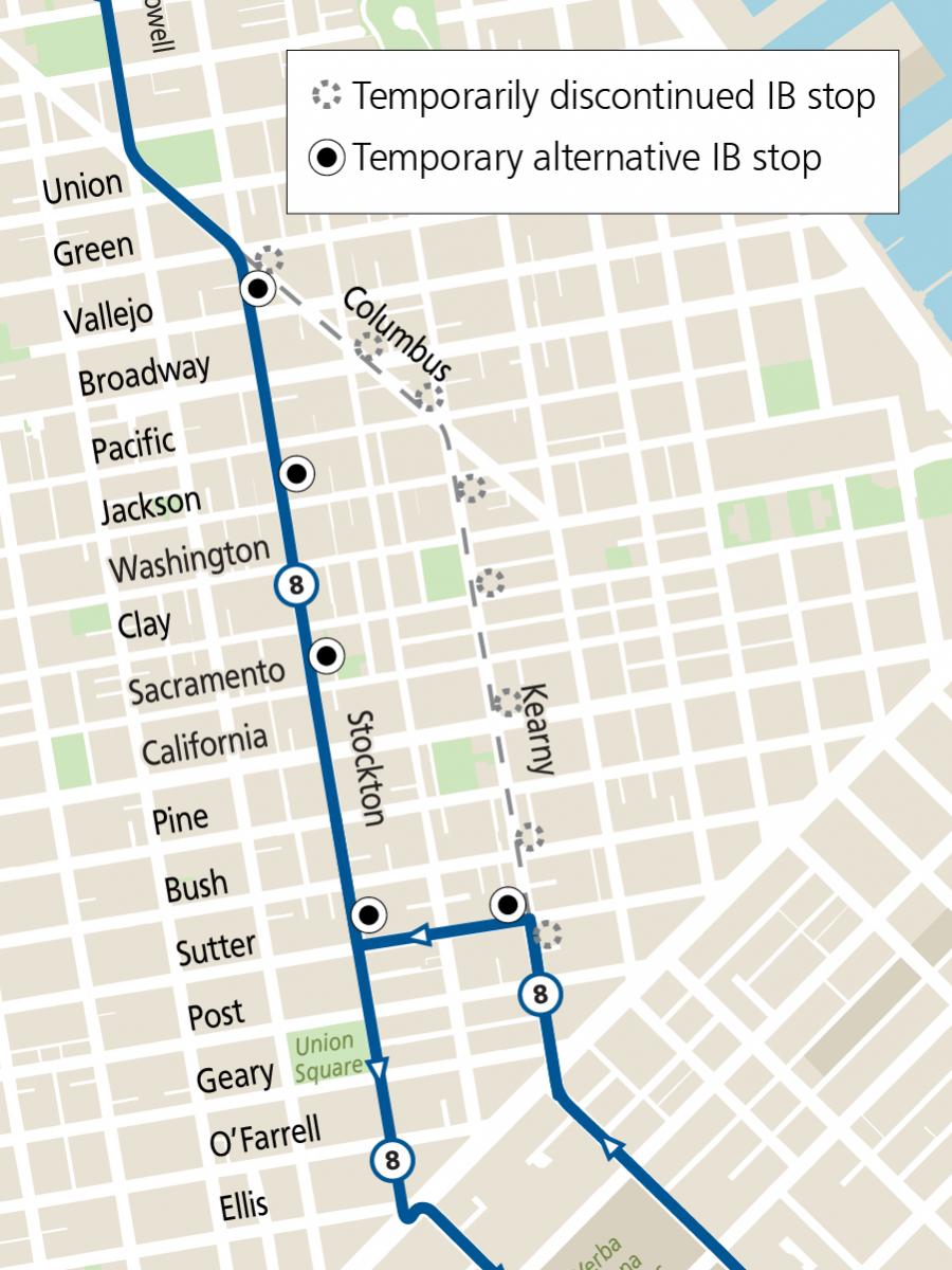 Map of temporary reroute for the northbound 8 Bayshore onto Stockton Street. Reroute description and stop details follow this image.