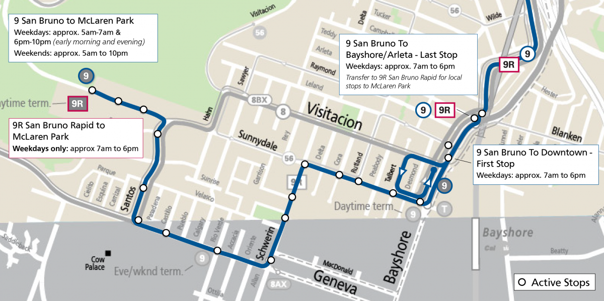 Map of the 9 and 9R routes and stops in Visitacion Valley