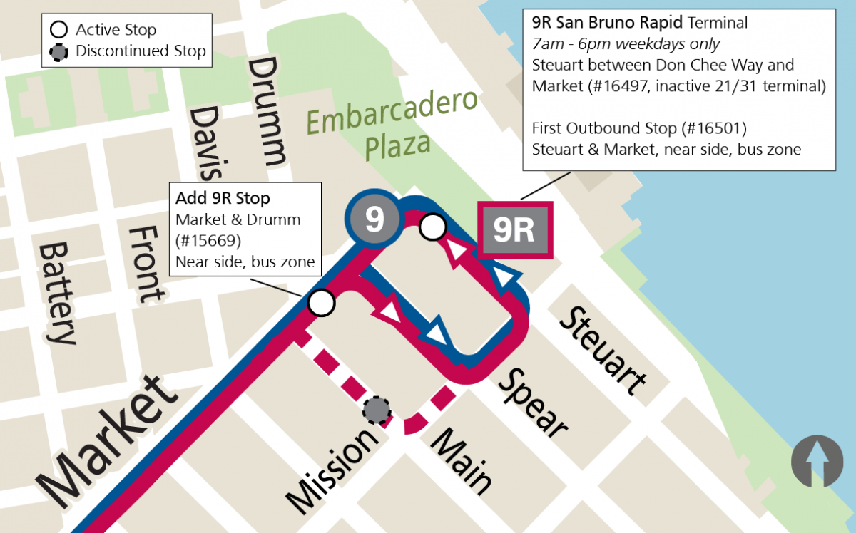 Map of 9R reroute to the Ferry Plaza