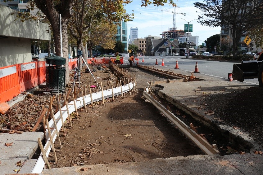 Photo of formwork for a new bulb out on Geary Boulevard