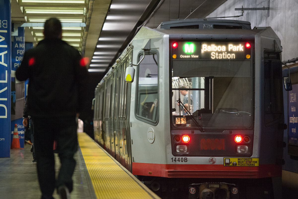 Muni Metro train at a subway platform