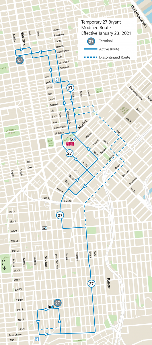 Map of temporary 27 Bryant modified route, the solid blue line indicates active route and dashed blue line indicates discontinued route. Muni and BART icons placed near Powell Station to display option to connect.