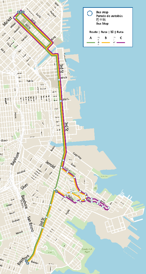  A map with the three route alternatives represented by options A,B and C.