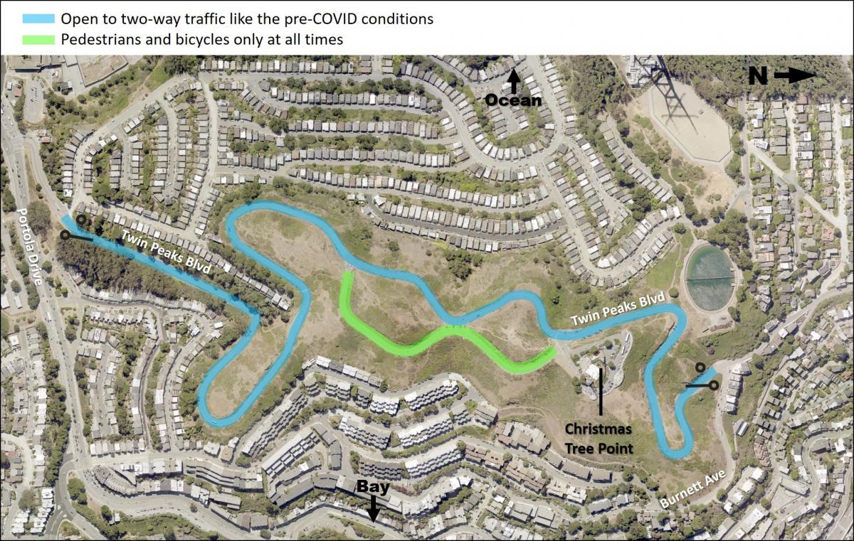 Map with a blue line indicating both the north and south gates open at all time for vehicles as were conditions pre-pandemic. A green line indicates the east side of the figure eight is reserved for pedestrians and biking. The west side of the figure eight is reserved for two-way traffic. 