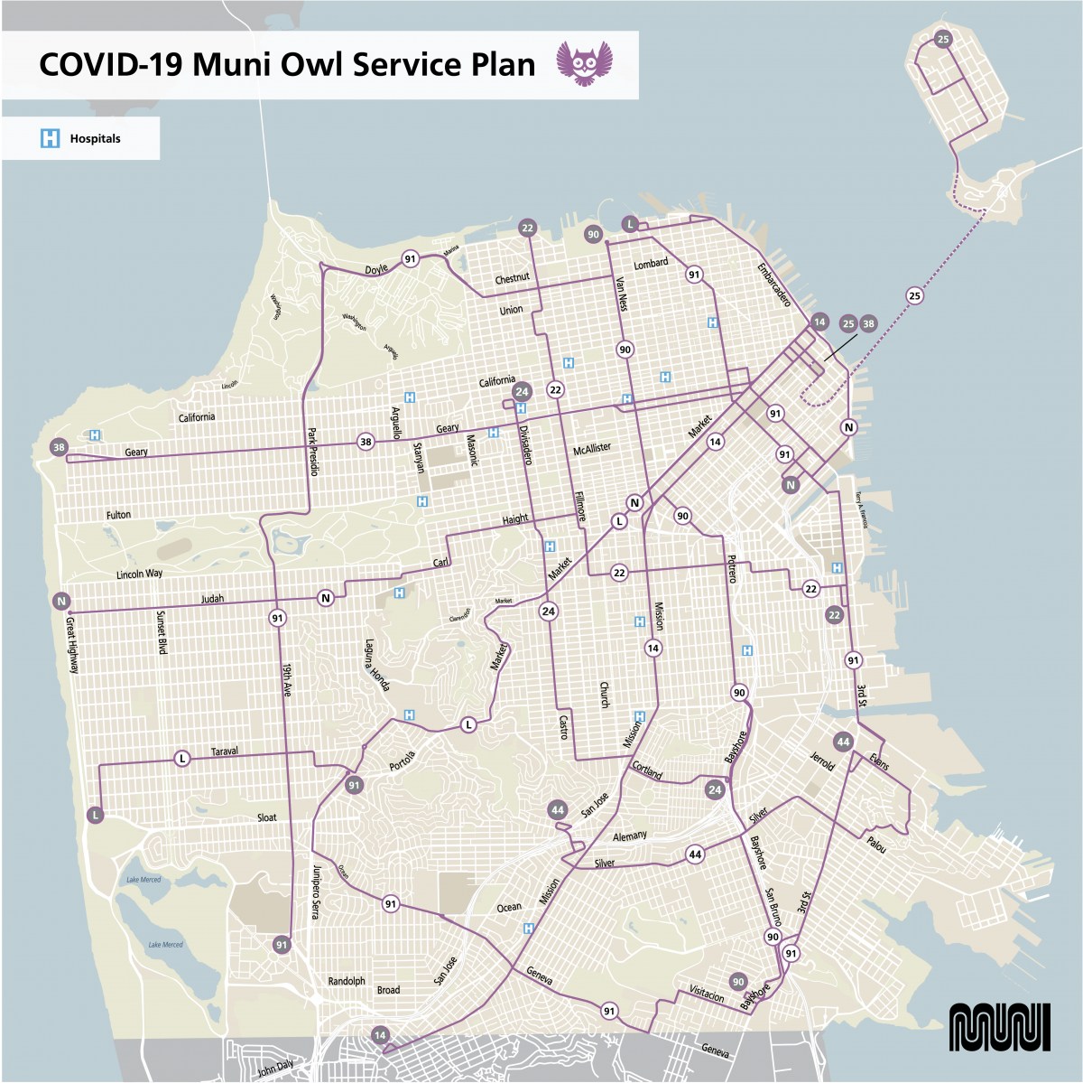 Map showing modified Owl Muni service during COVID-19