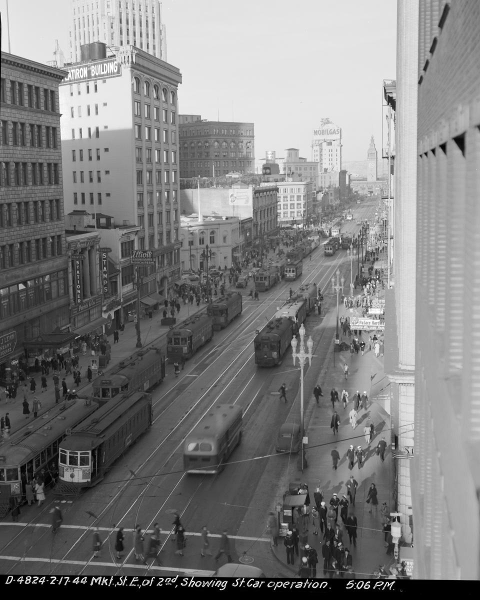 overhead view of streetcar traffic and people walking on market street