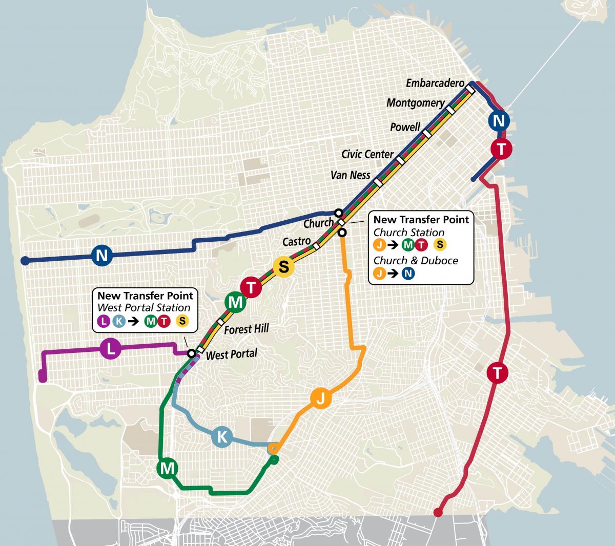 Map of new Muni Metro rail configuration.