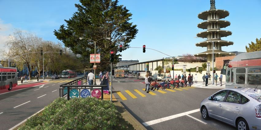 Artist's endering shows people crossing Geary using the median crossing being built at Geary and Buchanan streets.