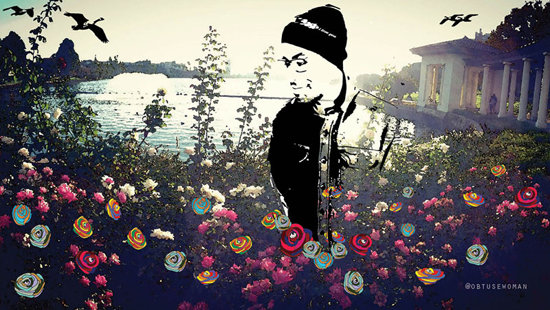 a person drawn in black ink is superimposed over a lakeside landscape