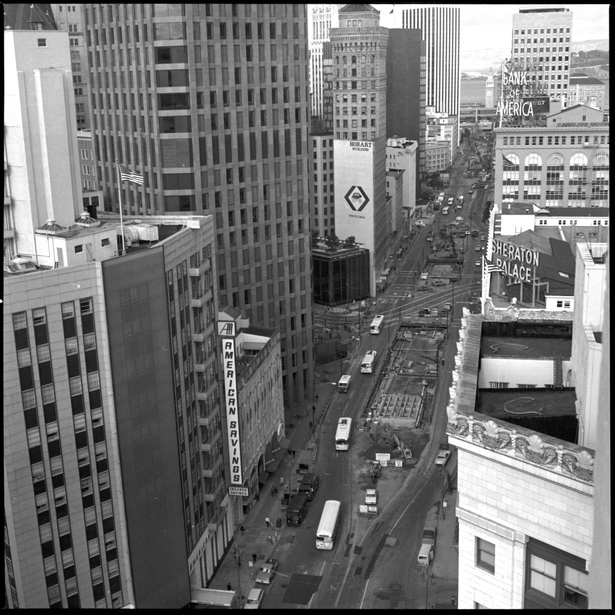 overehad view of construction of BART and Muni Metro tunnels on Market street