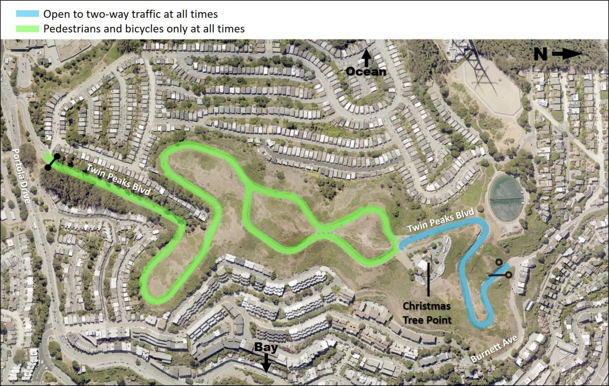 Map showing a blue line representing vehicle access from the Burnett gate up to the entrance of Christmas Tree Point parking lot 24 hours day. A green line indicates pedestrians and bikes only from the Portola Gate to the entrance to Christmas Tree Point. A green line indicates the east side of the figure eight is reserved for pedestrians and biking. 