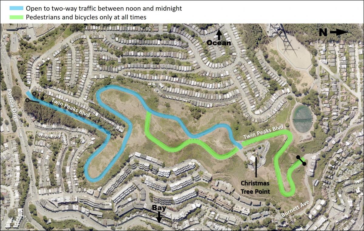 Map showing a blue line indicating two-way vehicle access from Portola Drive gate (at Panorama Drive) to Christmas Tree Point from noon to midnight daily. A green line indicates pedestrian and bicycle only from the Burnett Gate to Christmas Tree Point at all times. A green line indicates the east side of the figure eight is reserved for pedestrians and biking. 
