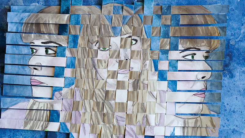 three views of the same long-haired white person shattered into rectangles and squares